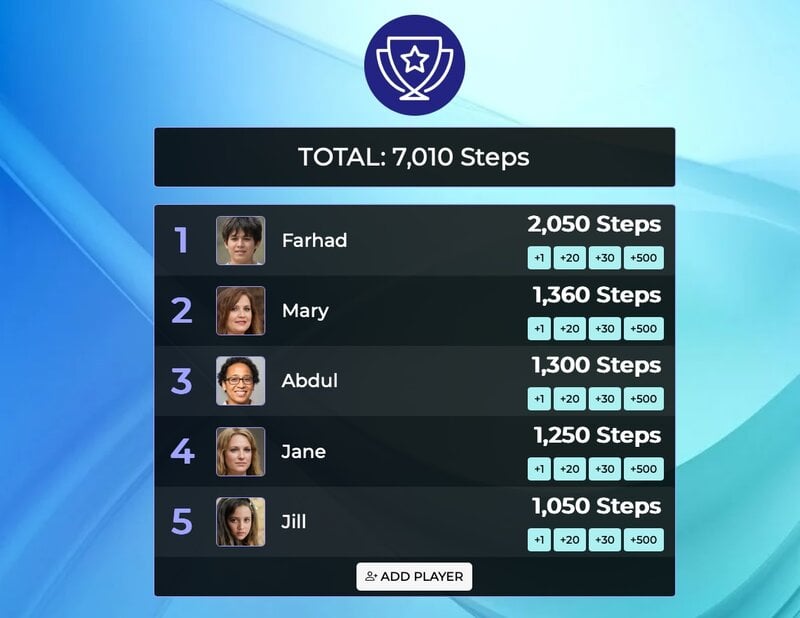 Feature screenshot: A rainbow-coloured leaderboard that has been integrated into a webpage as an embed