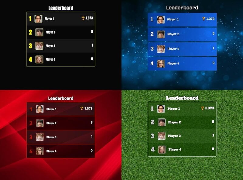 Feature screenshot: 3 different leaderboard designs, one dark, one with grass, one with a gradient.